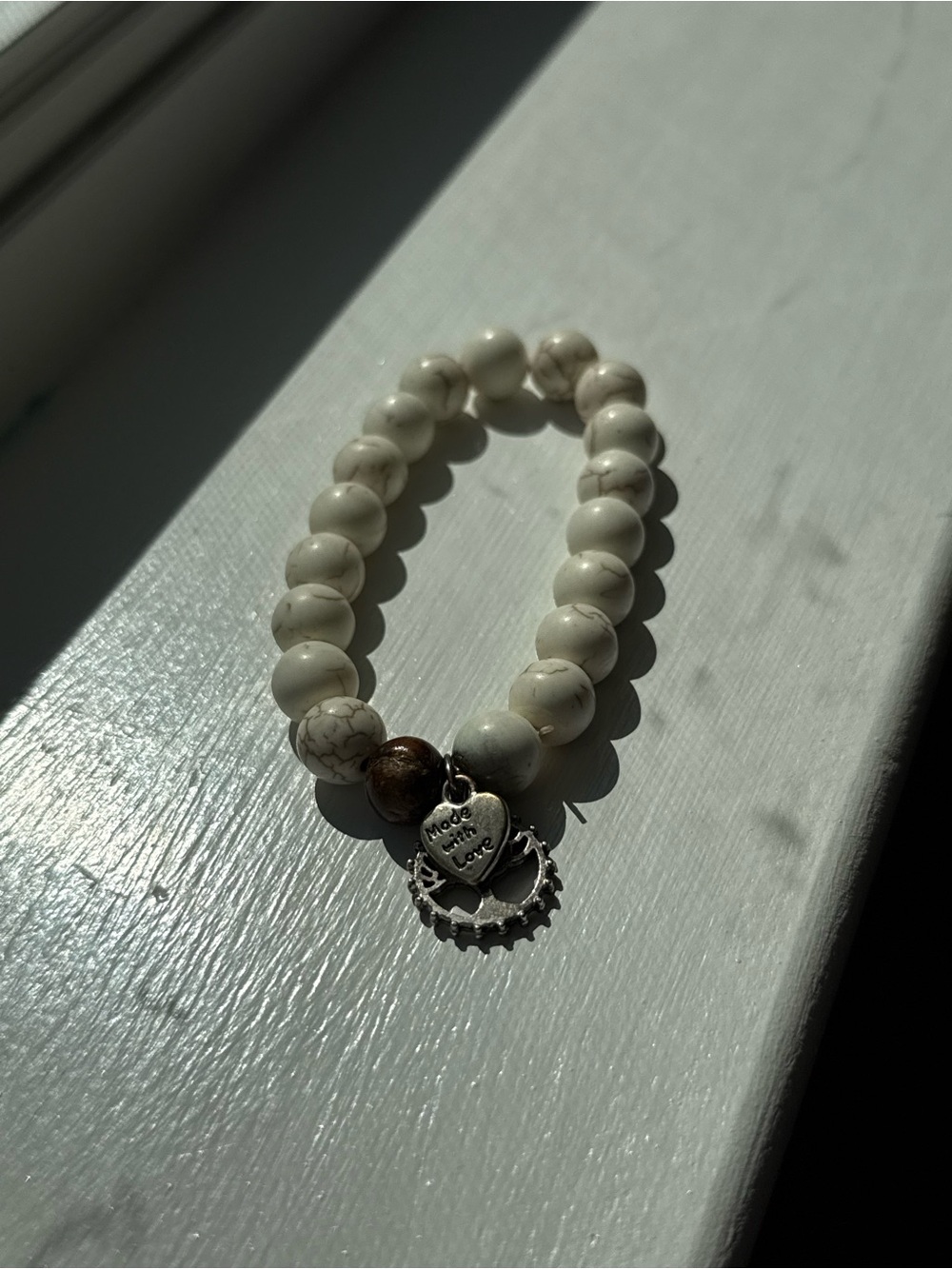 White Howlite Beaded Bracelet with Silver Heart Charm